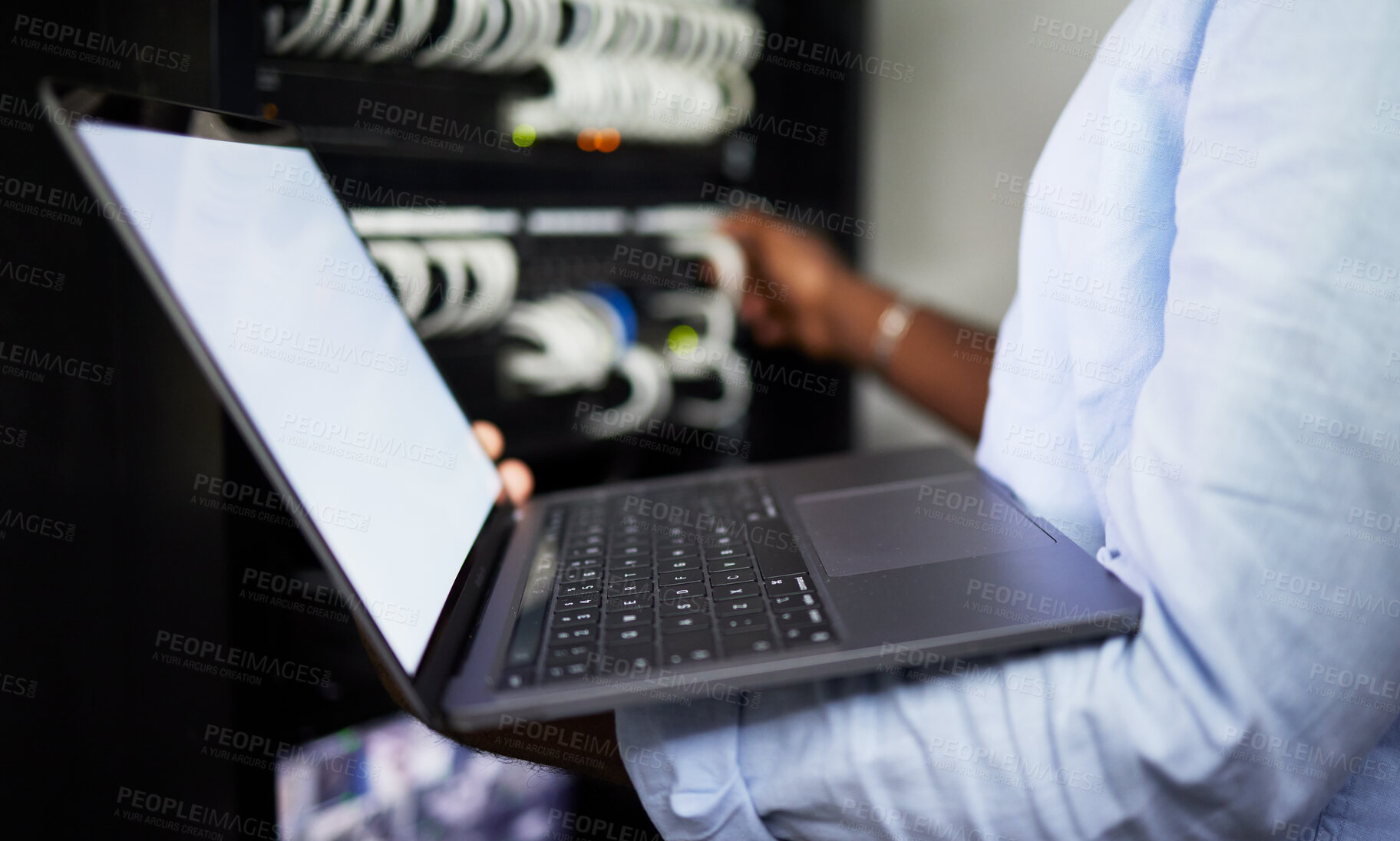 Buy stock photo Server room, laptop and IT technician man with internet connection for software programming. Male engineer person with technology for cybersecurity, problem solving or system update in data center