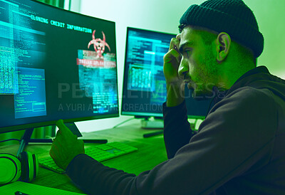 Buy stock photo Computer hacker, identity theft and man with credit card for phishing, scam or cybersecurity software. Financial fraud, pc dashboard and criminal person with information for hacking or stealing
