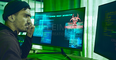 Buy stock photo Computer screen, programming or identity theft with hacker man for phishing, scam or financial fraud. Confused, dashboard and criminal person thinking or reading info or password for credit on pc
