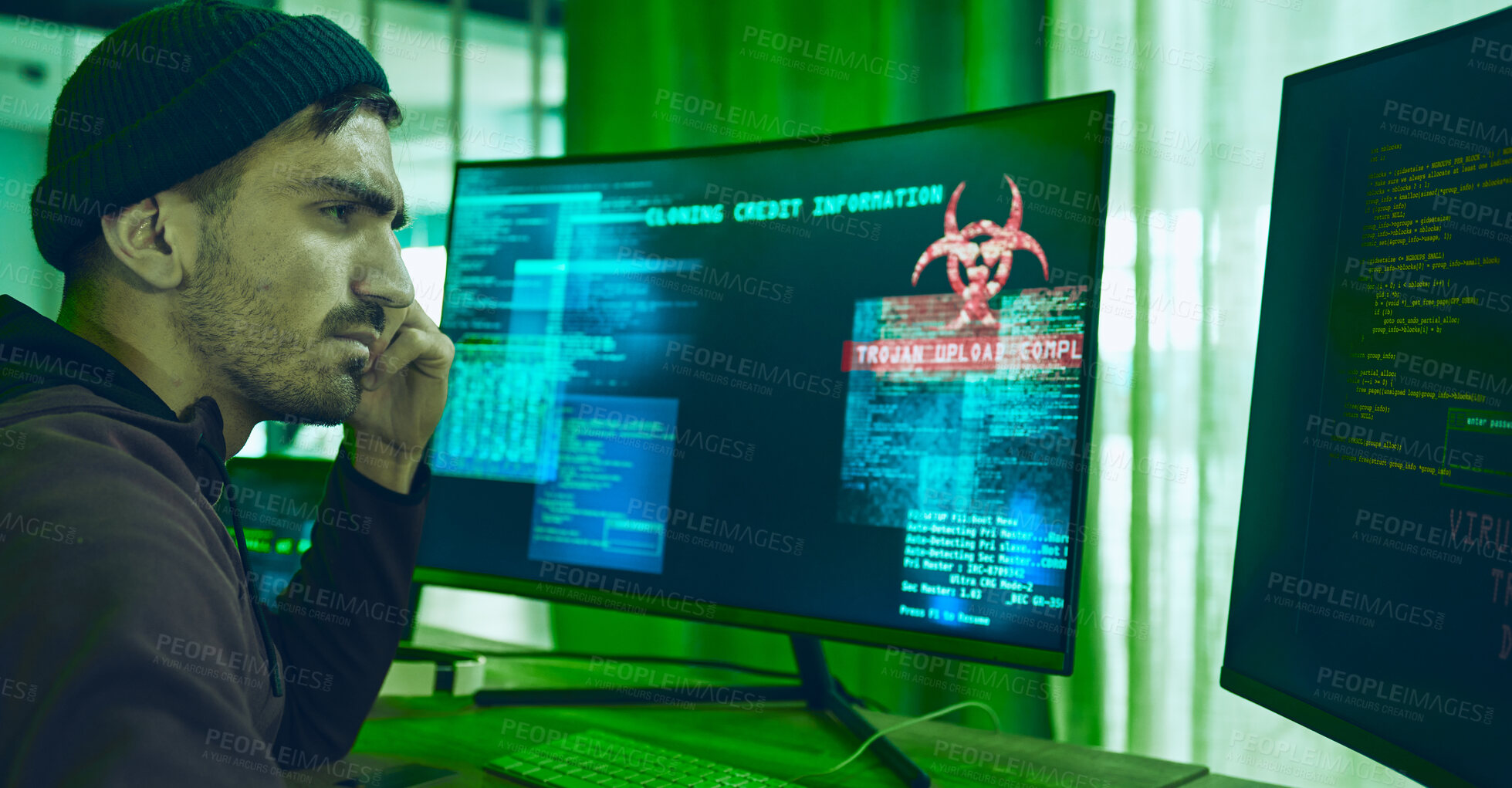 Buy stock photo Computer screen, programming or identity theft with hacker man for phishing, scam or financial fraud. Confused, dashboard and criminal person thinking or reading info or password for credit on pc
