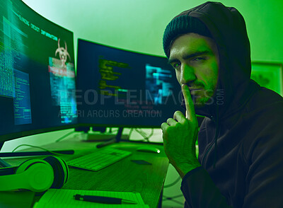 Buy stock photo Computer hacker, neon and portrait of a man with secret for hacking, phishing or cybersecurity software. Dark, finger on lips and person with information on pc for ransomware, privacy or programming
