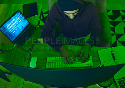Buy stock photo Cybersecurity, crime and man programming from above in neon office with code, fraud and hacking. Software, ransomware and web hacker on cyber attack, password thief coding online scam and computer.