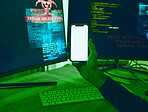 Computer, phone or hands with mockup for hacking, software programming or cybersecurity. Information technology, screen on mobile app or hacker on dark web for big data, update or web design at night