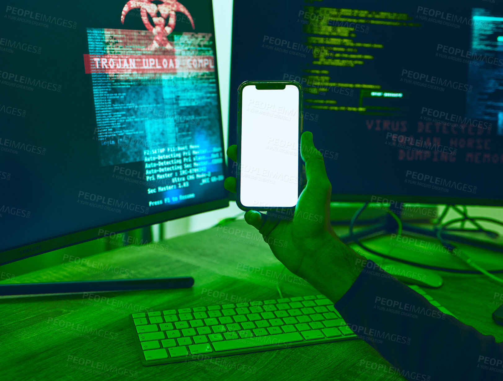 Buy stock photo Computer, phone or hands with mockup for hacking, software programming or cybersecurity. Information technology, screen on mobile app or hacker on dark web for big data, update or web design at night