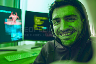 Buy stock photo Cybersecurity, crime and smile, portrait of hacker in neon office with code, fraud and virus. Software, ransomware and face of happy man on cyber attack, password thief and online scam with computer.