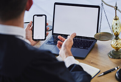 Buy stock photo Phone screen, laptop and working at desk, office or lawyer reading communication, contract or information technology mockup. Mobile app, software on computer and cellphone for internet or web search