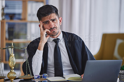 Buy stock photo Portrait, laptop and stress with a man judge in his law office looking confused about a trial or verdict. Computer, doubt or question with a magistrate sitting at his desk for legal problem solving