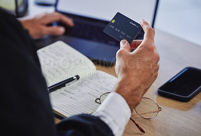 Buy stock photo Banking, finance and hands with a credit card and a laptop for an online payment and planning ecommerce. Business, corporate and a man ready to pay while online shopping or using a computer for money