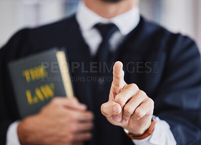 Buy stock photo Lawyer, finger and press button for legal justice, ui and service on the internet. Attorney, pointing hand and judge touch technology for decision, choice and click selection on futuristic dashboard