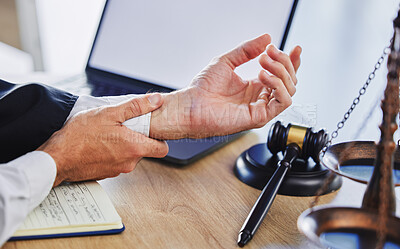 Buy stock photo Hands of person, wrist and pain of lawyer at desk, office and law firm. Closeup of advocate, legal worker and attorney in injury, carpal tunnel and health risk of arthritis, muscle stress and problem