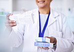 Woman, hands and pharmacist with medication, pills or prescription for checking inventory at pharmacy. Female person, medical or healthcare expert with drugs or box for diagnosis, illness or cure