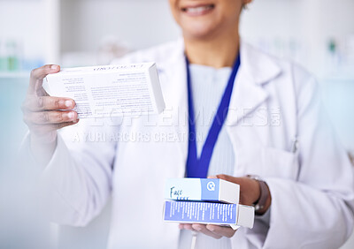 Buy stock photo Woman, hands and pharmacist with medication, pills or prescription for checking inventory at pharmacy. Female person, medical or healthcare expert with drugs or box for diagnosis, illness or cure