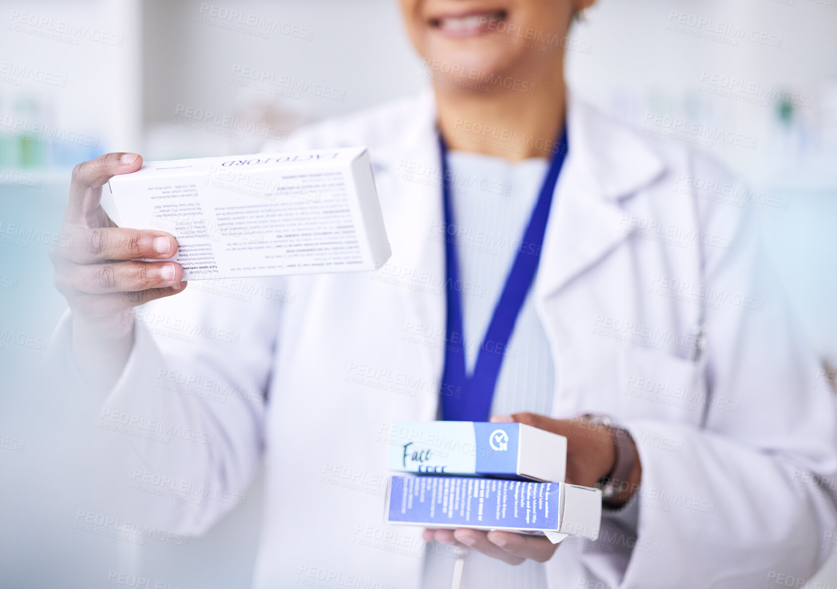 Buy stock photo Woman, hands and pharmacist with medication, pills or prescription for checking inventory at pharmacy. Female person, medical or healthcare expert with drugs or box for diagnosis, illness or cure