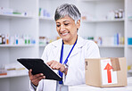 Senior woman, pharmacist and tablet for inventory inspection or stock in logistics at pharmacy. Mature female person in medical or healthcare checking pharmaceutical product checklist on technology