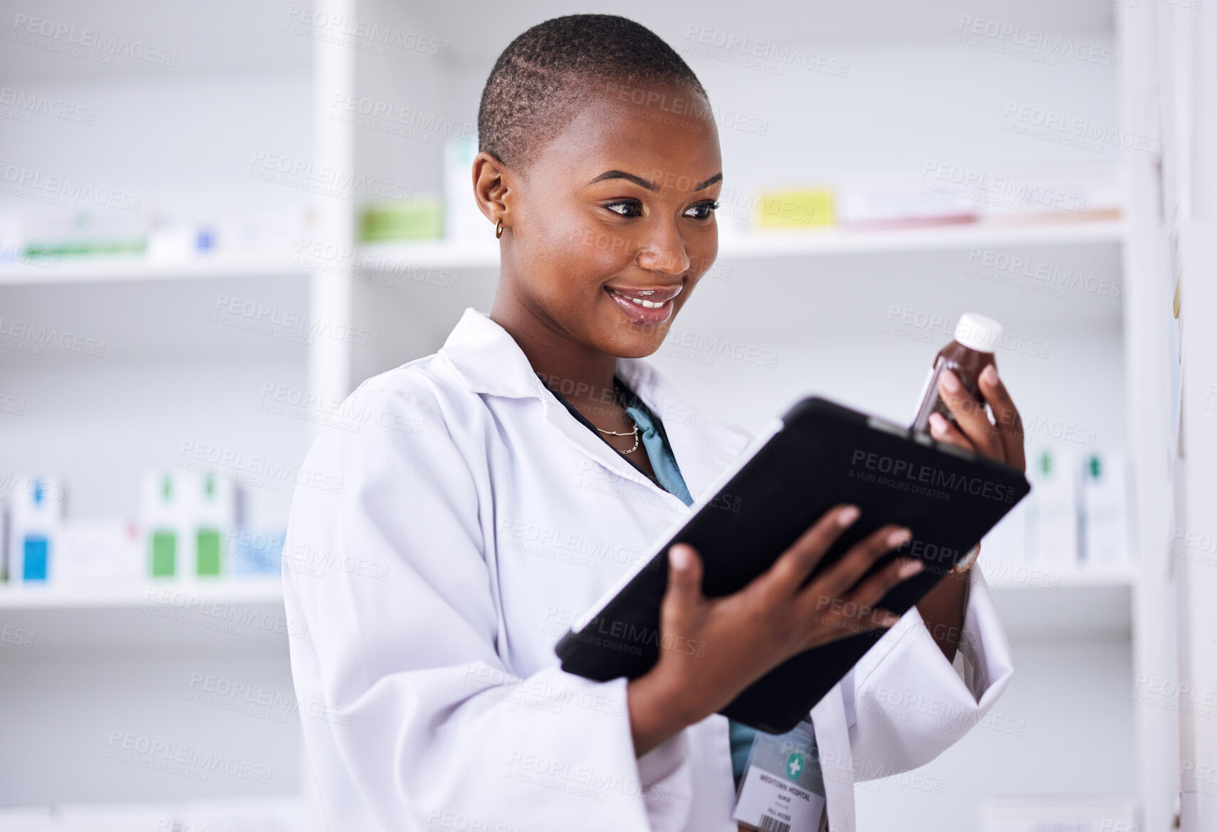 Buy stock photo Happy black woman, pharmacist and tablet for inventory inspection or checking stock at the pharmacy. African female person in medical healthcare with pharmaceutical product or checklist on technology