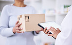 Woman, pharmacist and tablet with box for delivery order, supply chain or logistics at pharmacy. Hands of female person, medical or healthcare professional on technology for pharmaceutical checklist