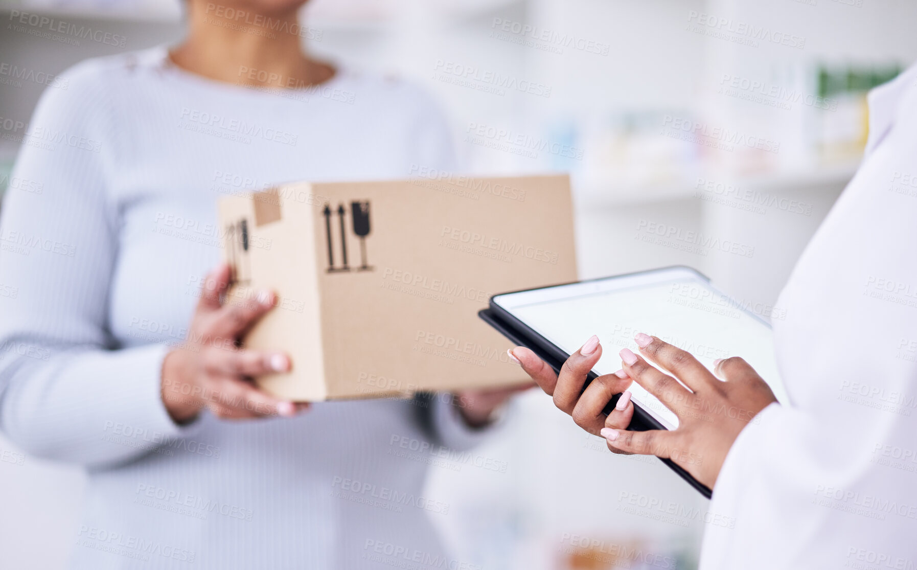Buy stock photo Woman, pharmacist and tablet with box for delivery order, supply chain or logistics at pharmacy. Hands of female person, medical or healthcare professional on technology for pharmaceutical checklist
