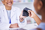 Woman, hands and credit card at pharmacy for payment, tap or scan in electronic purchase or buying. Female person or pharmacist and customer in banking, pay or pharmaceutical transaction at drugstore