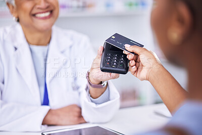 Buy stock photo Woman, hands and credit card at pharmacy for payment, tap or scan in electronic purchase or buying. Female person or pharmacist and customer in banking, pay or pharmaceutical transaction at drugstore