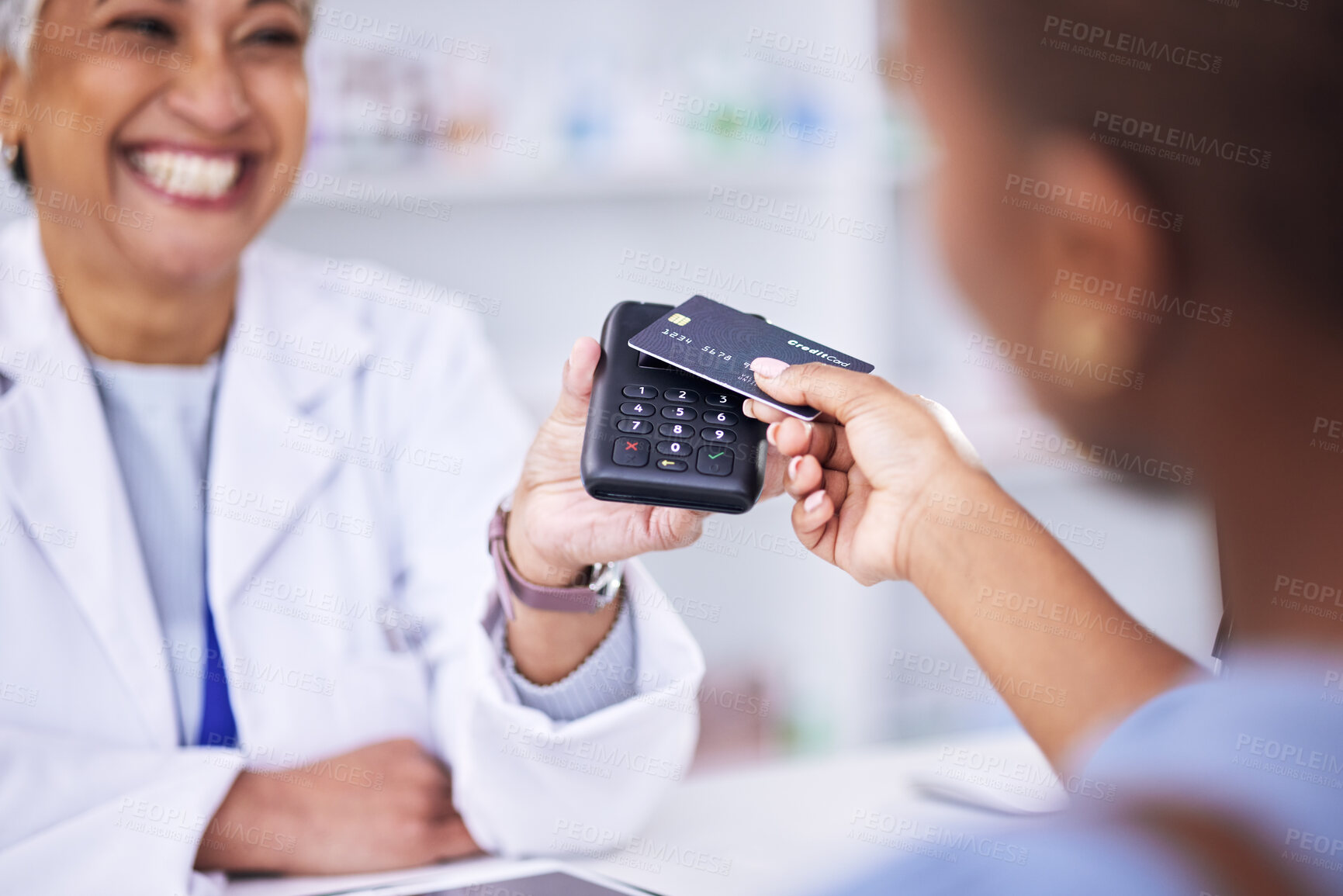 Buy stock photo Happy woman, hands and credit card at pharmacy for payment, tap or scan in electronic purchase or buy. Female person, pharmacist or customer in banking, pay or pharmaceutical transaction at drugstore