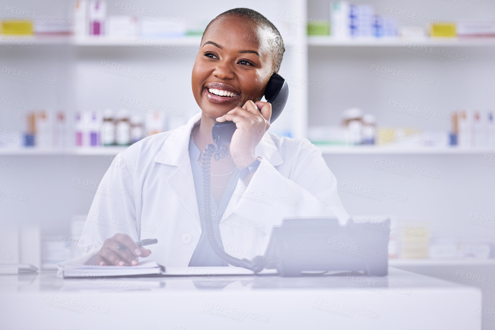 Buy stock photo Black woman, pharmacist and phone call on mockup space for Telehealth or consultation at the pharmacy. Happy African female person, medical or healthcare professional talking on telephone at clinic