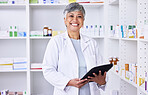 Happy woman, portrait and pharmacist with tablet for inventory inspection or stock at pharmacy. Mature female person smile in medical or healthcare store for pharmaceutical checklist on technology