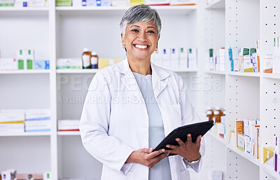 Buy stock photo Happy woman, portrait and pharmacist with tablet for inventory inspection or stock at pharmacy. Mature female person smile in medical or healthcare store for pharmaceutical checklist on technology