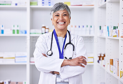 Senior woman, pharmacist and portrait of doctor in pharmacy with arms crossed in pharmaceutical store or shop for healthcare. Medicine, consultation on health and medical advice on pills or drugs