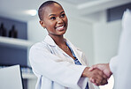 Black woman, scientist and handshake, smile for partnership and science collaboration with introduction in lab. Congratulations, thanks or onboarding with hiring, doctor team shaking hands and trust