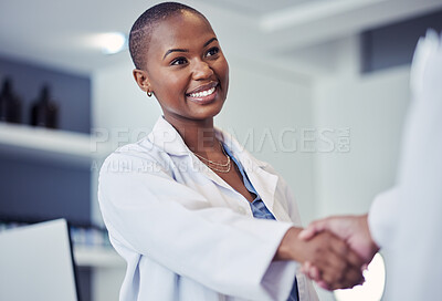 Buy stock photo Black woman, scientist and handshake, smile for partnership and science collaboration with introduction in lab. Congratulations, thanks or onboarding with hiring, doctor team shaking hands and trust