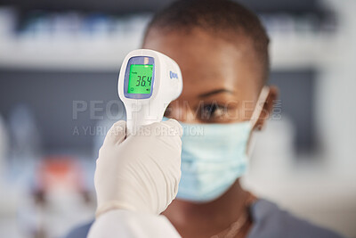 Buy stock photo Digital thermometer, health and check temperature, closeup with doctor hand and patient, technology and medical screening. Healthcare, trust and safety compliance, consultation and people in clinic