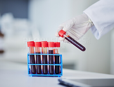 Buy stock photo Science, blood and hands with test tube in laboratory for research, medical process and healthcare analysis. Closeup, scientist and bottle with red sample for dna experiment, rna and genetics results