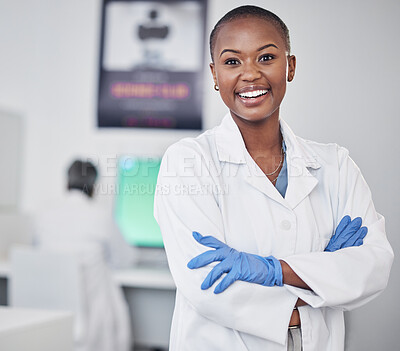 Buy stock photo Scientist, black woman and happy in portrait, arms crossed with medical research and science study in laboratory. African female doctor, pathology or biotech, scientific experiment and confidence