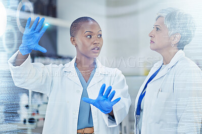 Buy stock photo Scientist, team and women, code and overlay, digital information with medical research data results in laboratory. Female doctors, discussion and review science analytics with scientific experiment 