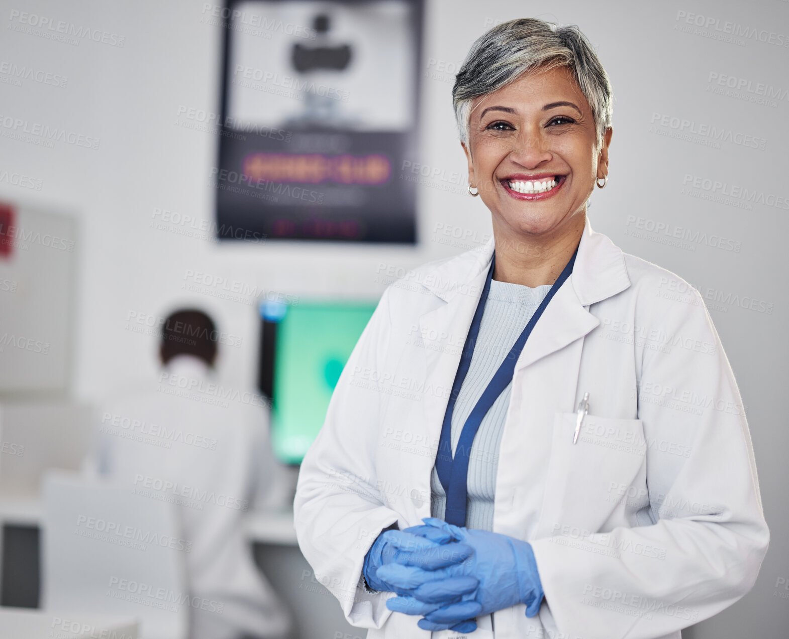Buy stock photo Senior scientist, woman and smile in portrait, medical research and science study in laboratory with confidence. Female doctor, pathology or biotechnology, scientific experiment and investigation 