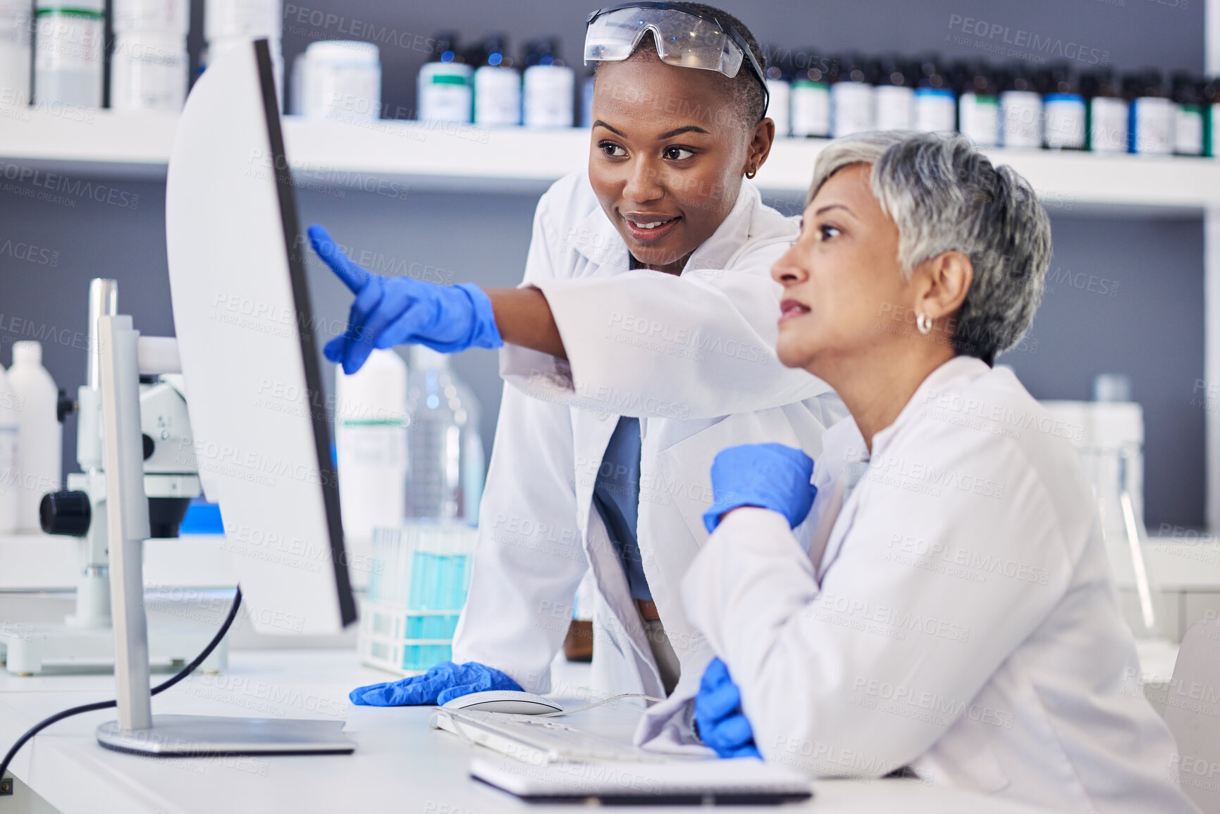 Buy stock photo Scientist, team and women in lab, computer with digital science experiment results and medical research data online. Female doctors, collaboration and chemistry, review study information and biotech