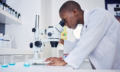 Buy stock photo Senior, scientist and black woman, microscope and analysis of data, medical research and science study in lab. Future, knowledge and investigation, female doctor and check DNA sample with chemistry