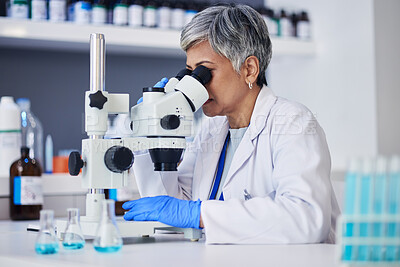 Buy stock photo Microscope, science and woman in laboratory to check research, medical analysis and study genes, particles or dna. Female scientist planning biotech, lens or review investigation, test and assessment