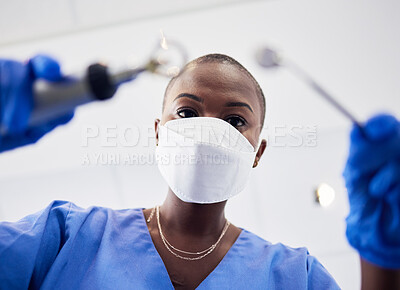 Buy stock photo Pov, woman or dentist working with tools to clean teeth in consultation, orthodontics or dentistry clinic or medical surgery. Healthcare, nurse and mask in procedure, test tooth or dental care
