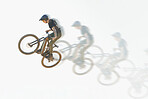 Bicycle, trick or man riding in the air with speed, motion or overlay of cycling, jump or person training to do a crazy stunt. Cyclist, adrenaline and double exposure of parkour, sports or cycling