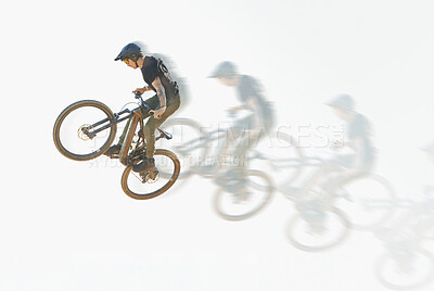 Buy stock photo Bicycle, trick or man riding in the air with speed, motion or overlay of cycling, jump or person training to do a crazy stunt. Cyclist, adrenaline and double exposure of parkour, sports or cycling