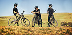 Men, friends and mountain bike outdoor in nature for sports training workout break. Talking, countryside and wellness of biker people together for off road cycling challenge, travel or adventure