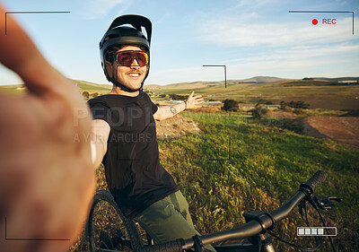 Buy stock photo Selfie, bike and portrait of man in nature for exercise, training and workout outdoor. Bicycle, smile and athlete recording video with digital screen for social media, profile picture and cycling