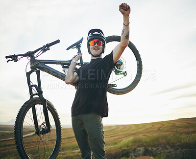 Buy stock photo Mountain bike, man and celebrate success outdoor in nature for sports training or workout. Winner, fist and excited male person with bicycle for off road cycling, travel or adventure in countryside