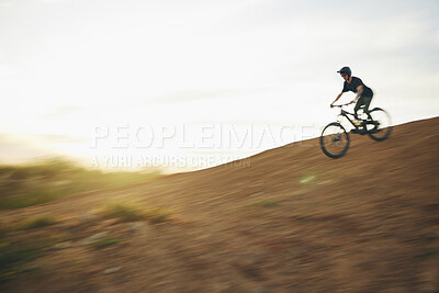 Buy stock photo Mountain bike, downhill and man outdoor in nature for sports training and fast speed. Adrenaline, blur and male athlete person with bicycle for off road cycling, travel or adventure on a hill