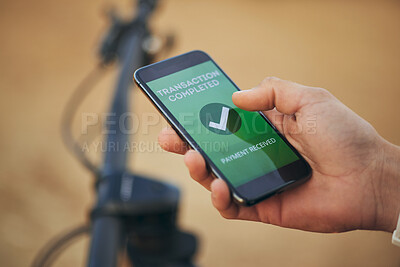 Buy stock photo Hands, phone screen and payment notification for transaction, ecommerce or banking outdoor. Fintech, smartphone and person on app for online shopping, internet sales or check mark for digital finance