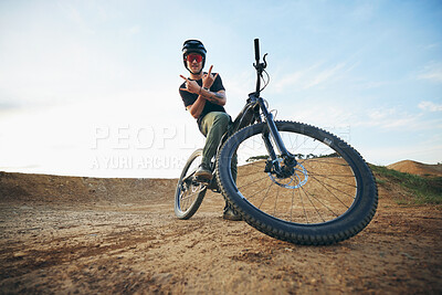 Buy stock photo Mountain bike, portrait and with man shaka hand sign on path for extreme sports, happiness and excited mockup. Dirt biking, bicycle and person on trail, track or road space for cycling trick athlete.