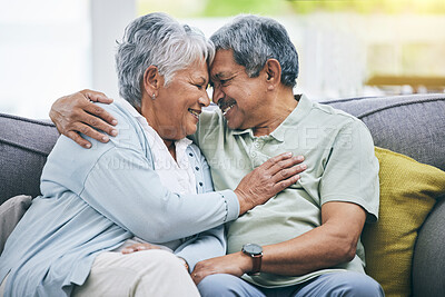 Buy stock photo Couch, love and senior couple faces together on a sofa bonding as care, playing and relax to enjoy retirement in a home. Happy, solidarity and elderly people, man and woman with trust in marriage