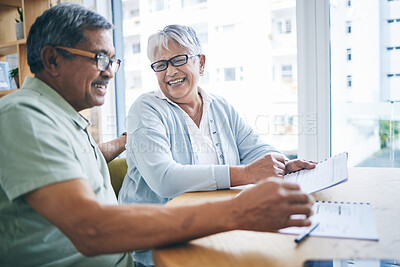 Buy stock photo Happy, old couple and financial planning with documents in home for pension, savings or tax. Elderly, man and woman smile with budget, investment and mortgage paperwork for insurance in retirement.