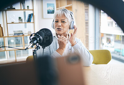 Buy stock photo Senior woman with podcast, host on broadcast or social media influencer with mic, headphones and home studio. Technology, communication and online radio show, live streaming with female web presenter